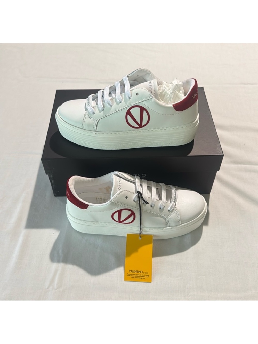 Valentino White Sneakers with Red V Logo and Heel Tab
